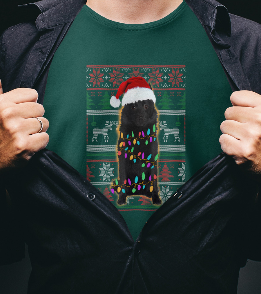 Schipperke Santa Hat Festive Christmas Lights Ugly T-Shirt