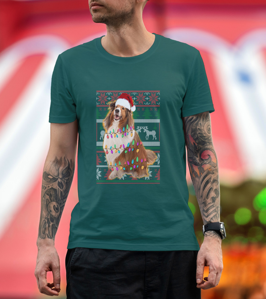 Shetland Sheepdog Christmas Lights Sweater Santa Hat Holiday Festive T-Shirt