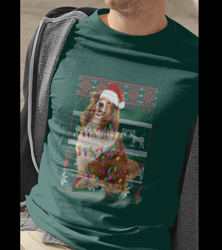 Shetland Sheepdog Christmas Lights Sweater Santa Hat Holiday Festive T-Shirt