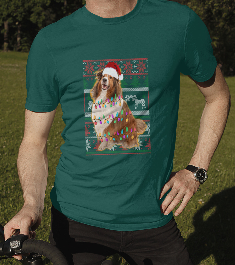 Shetland Sheepdog Christmas Lights Sweater Santa Hat Holiday Festive T-Shirt