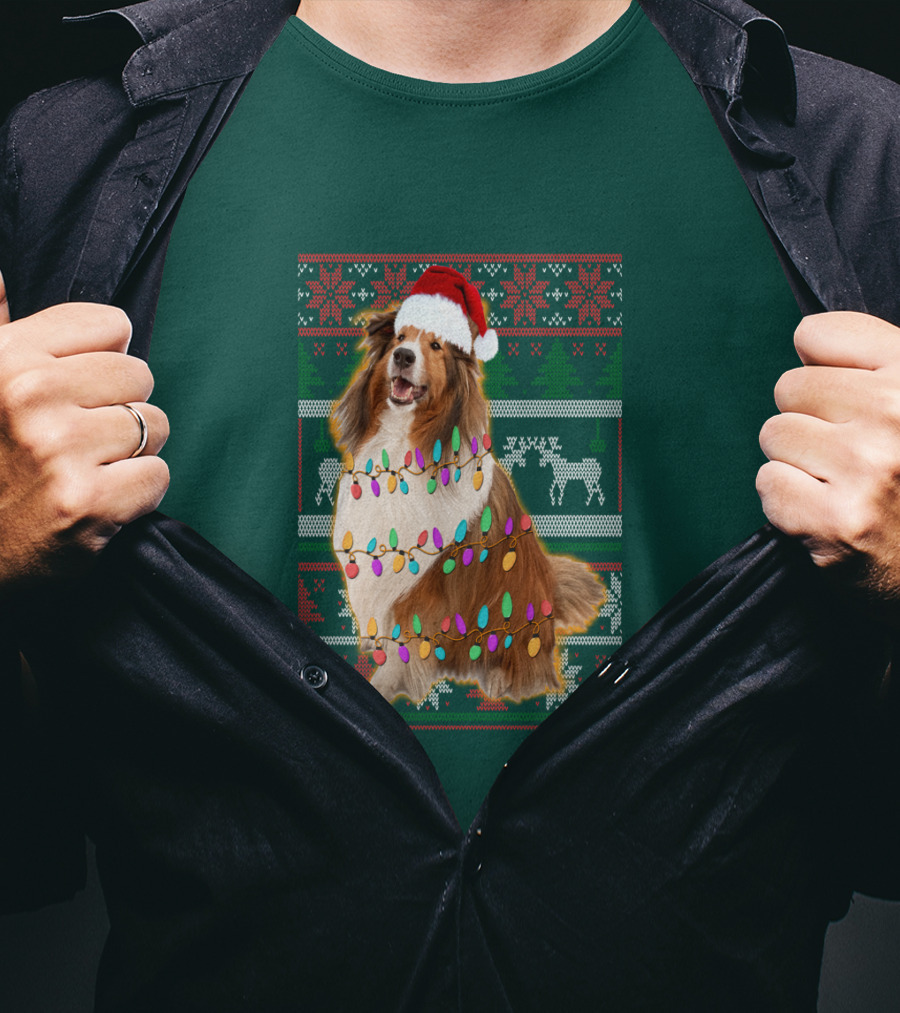 Shetland Sheepdog Christmas Lights Sweater Santa Hat Holiday Festive T-Shirt