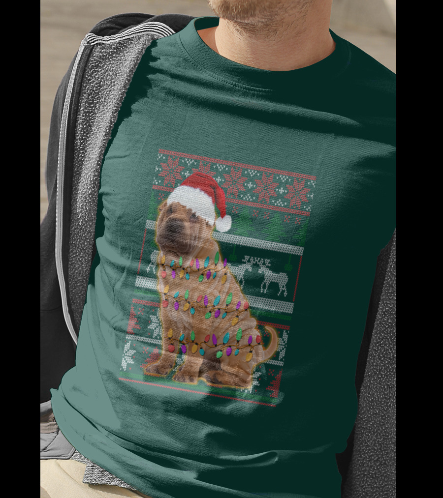 Shar Pei Christmas Lights Santa Hat Puppy T-Shirt