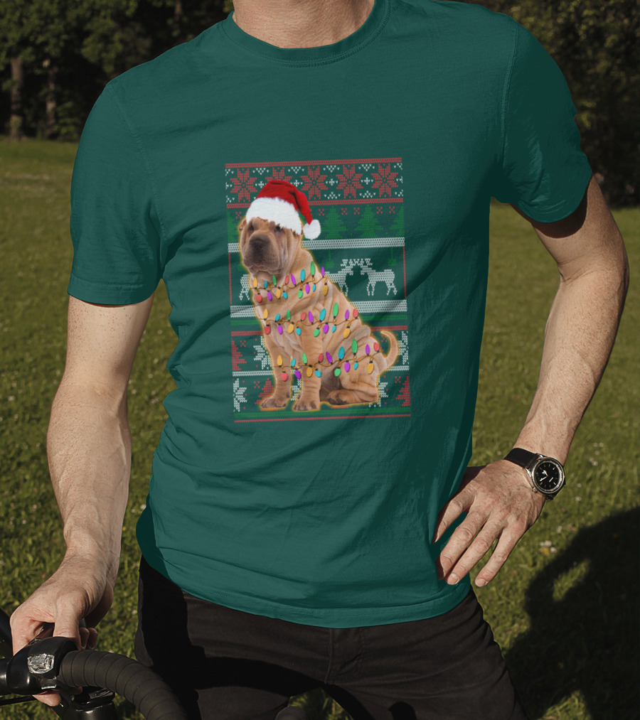 Shar Pei Christmas Lights Santa Hat Puppy T-Shirt