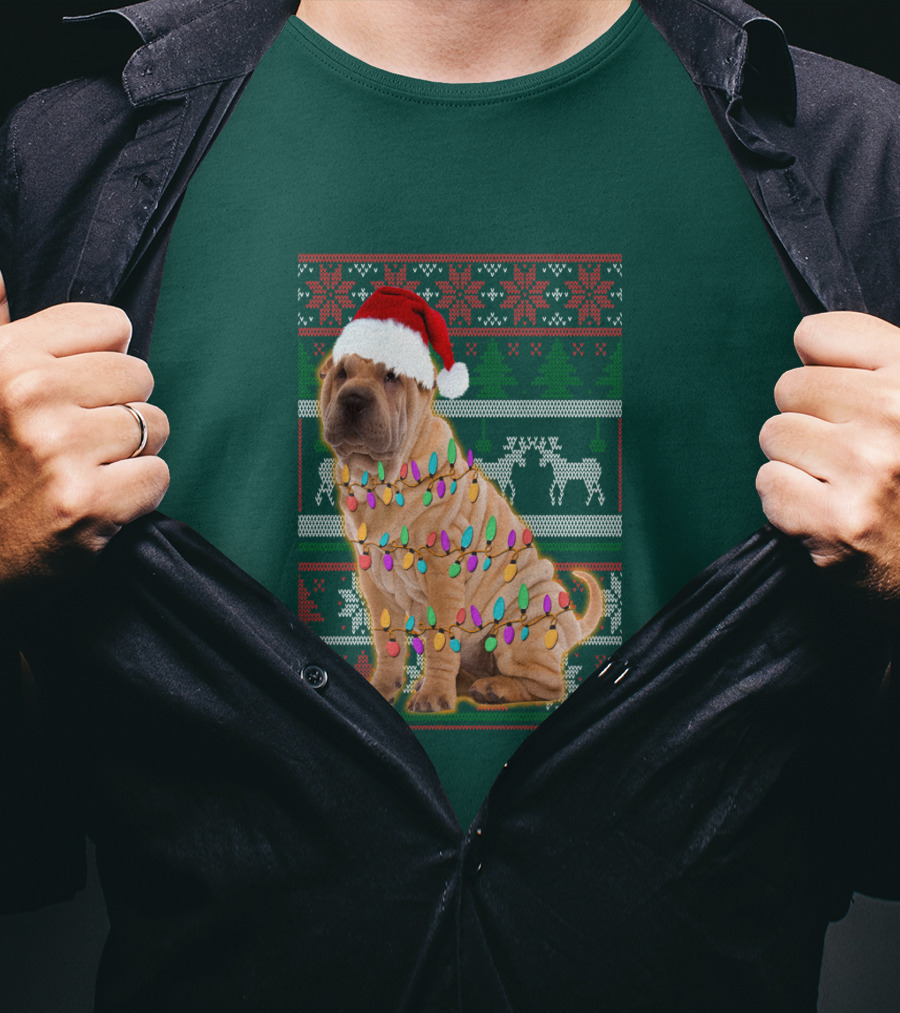 Shar Pei Christmas Lights Santa Hat Puppy T-Shirt