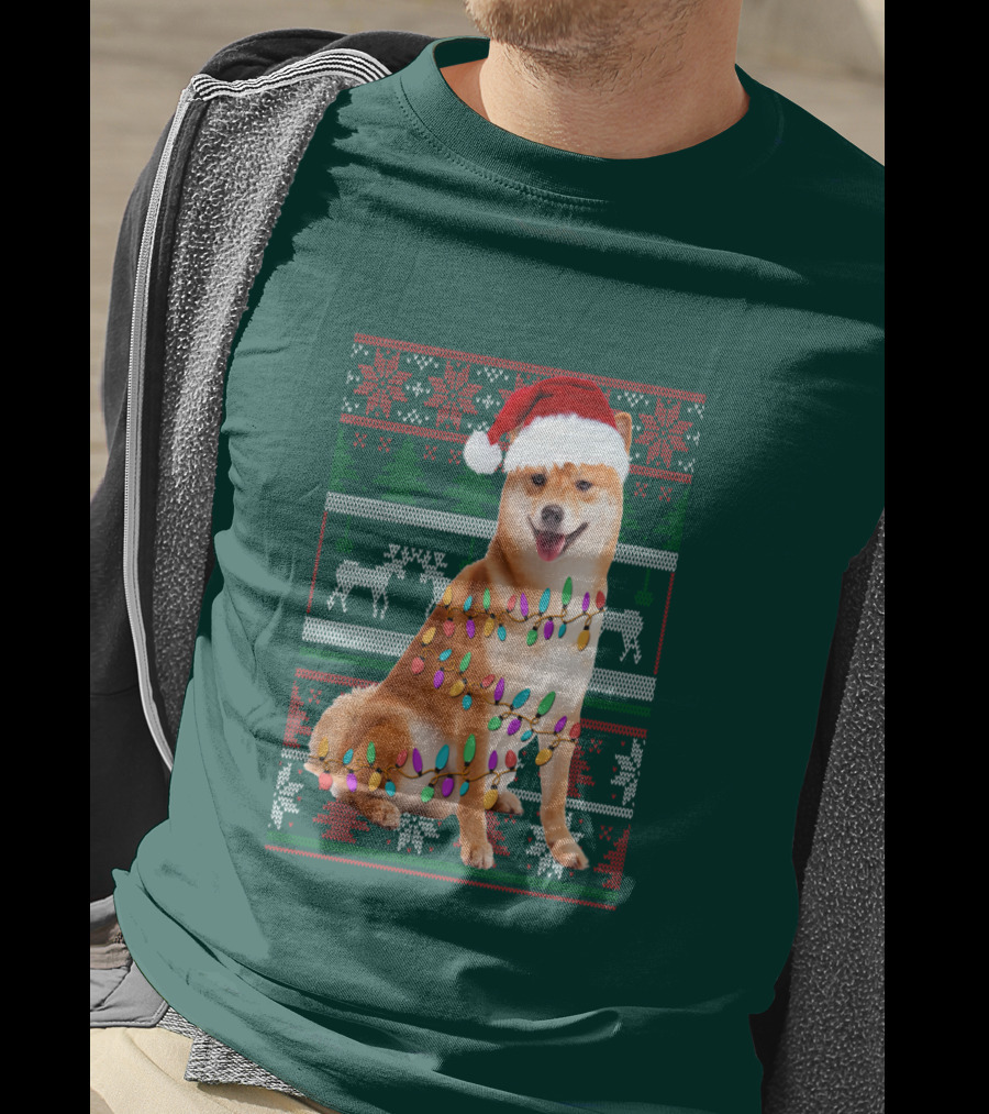 Shiba Inu Christmas Sweater Lights Santa Hat T-Shirt
