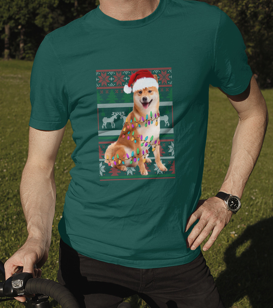 Shiba Inu Christmas Sweater Lights Santa Hat T-Shirt