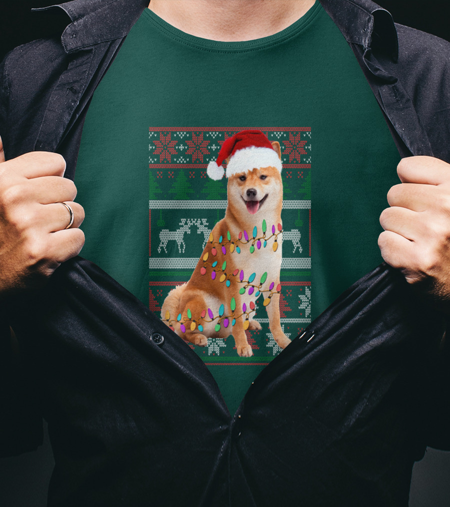 Shiba Inu Christmas Sweater Lights Santa Hat T-Shirt
