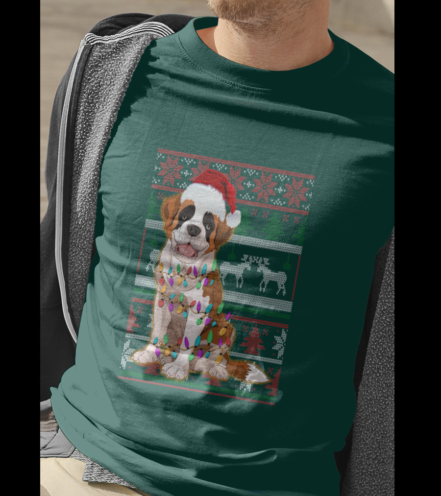 St Bernard Christmas Lights Ugly T-Shirt