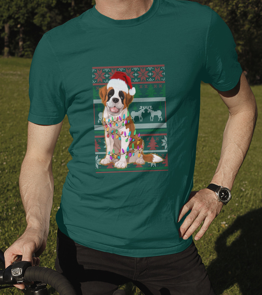 St Bernard Christmas Lights Ugly T-Shirt