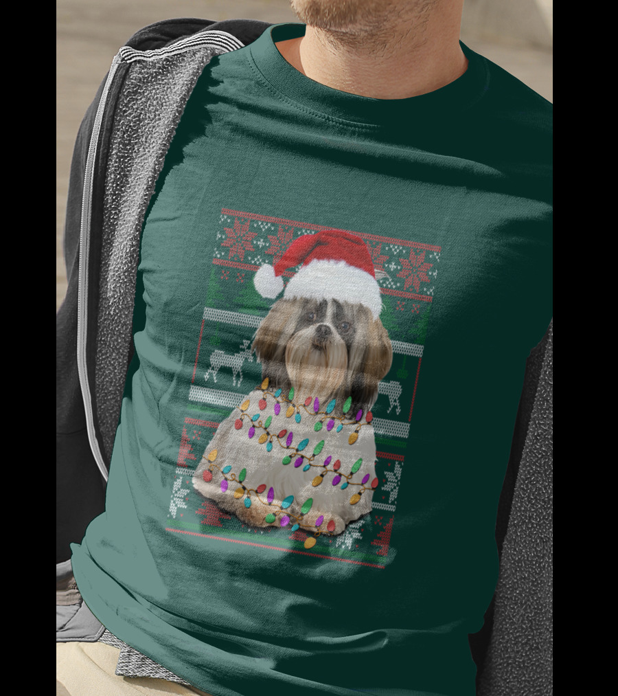 Shih Tzu Christmas Lights Santa Hat Holiday T-Shirt