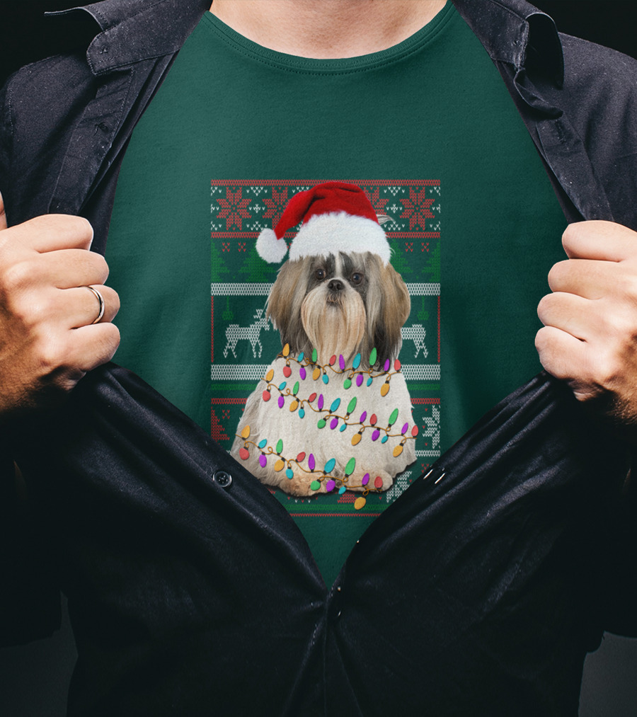 Shih Tzu Christmas Lights Santa Hat Holiday T-Shirt