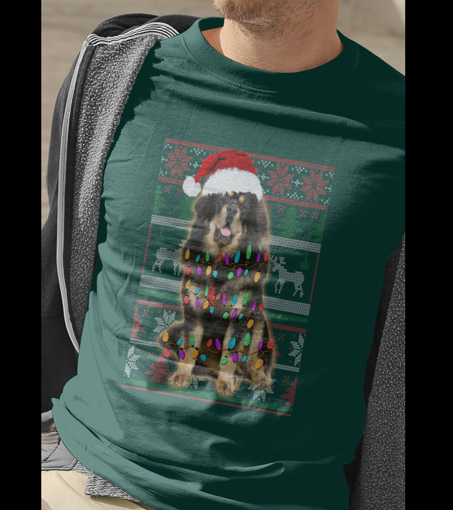 Tibetan Mastiff Christmas Sweater With Lights And Santa Hat T-Shirt