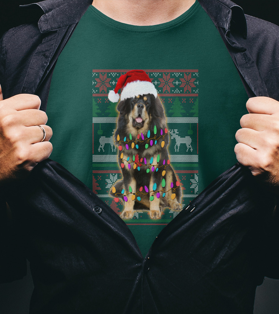 Tibetan Mastiff Christmas Sweater With Lights And Santa Hat T-Shirt