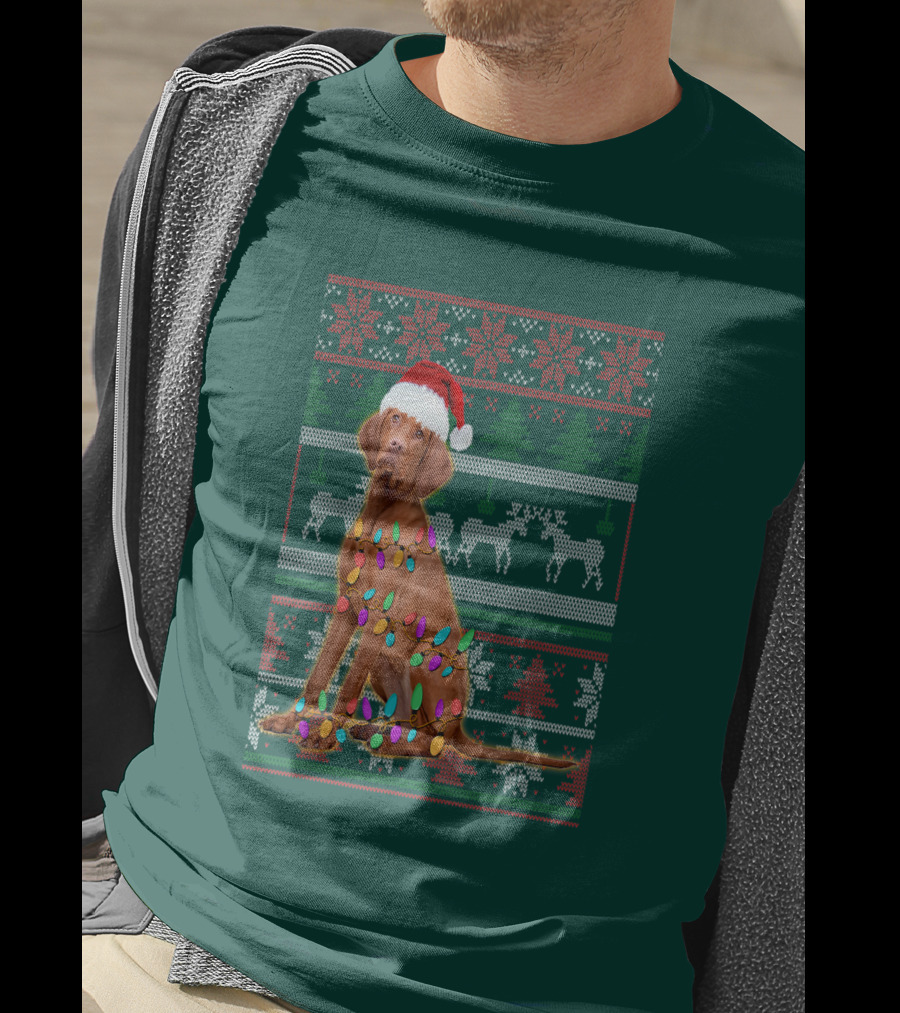 Vizsla Christmas Lights Santa Hat Ugly T-Shirt