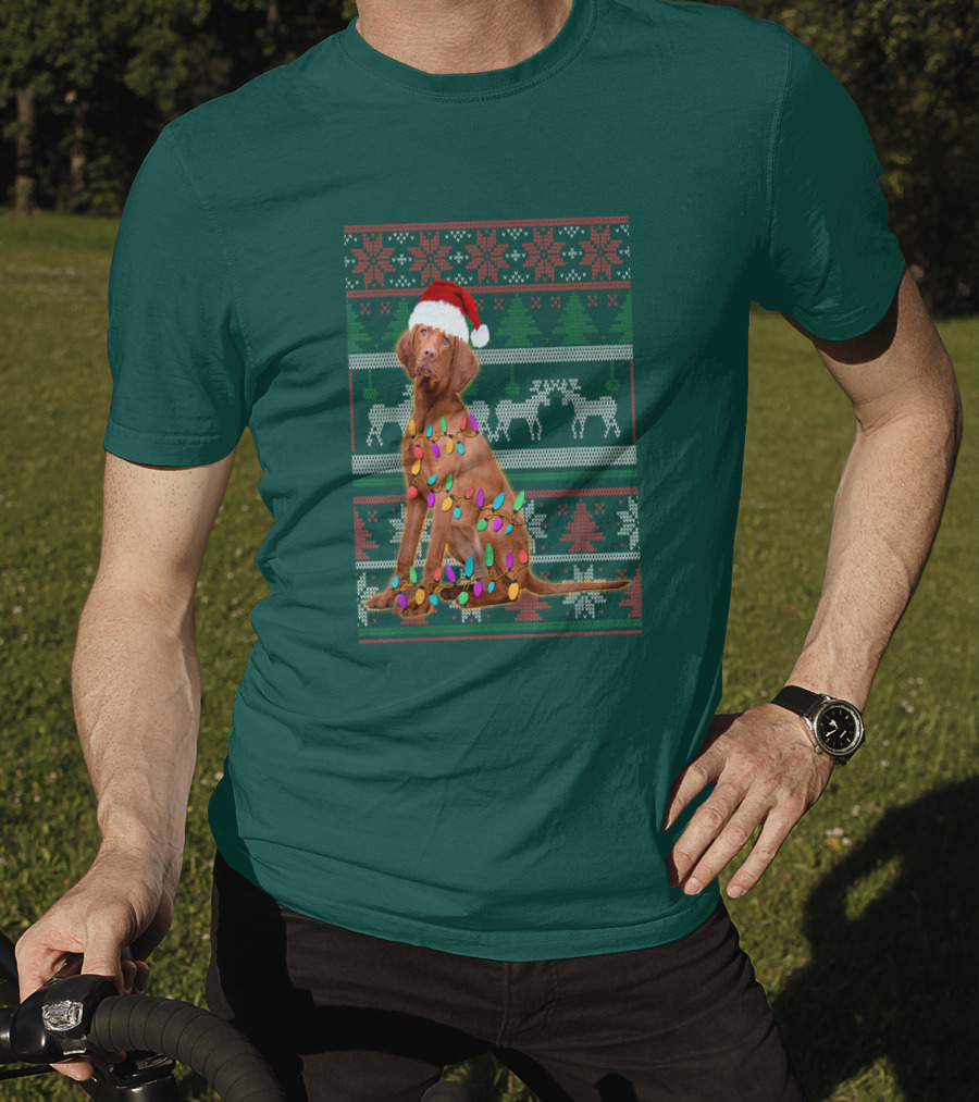Vizsla Christmas Lights Santa Hat Ugly T-Shirt