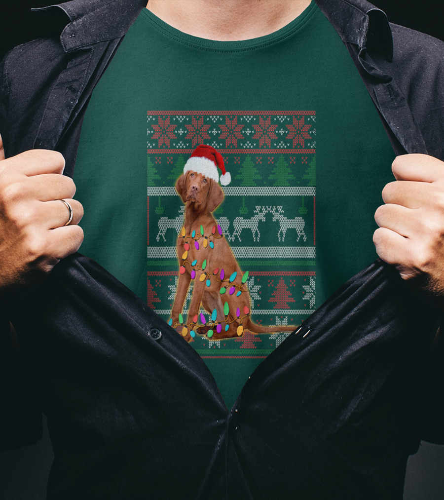 Vizsla Christmas Lights Santa Hat Ugly T-Shirt