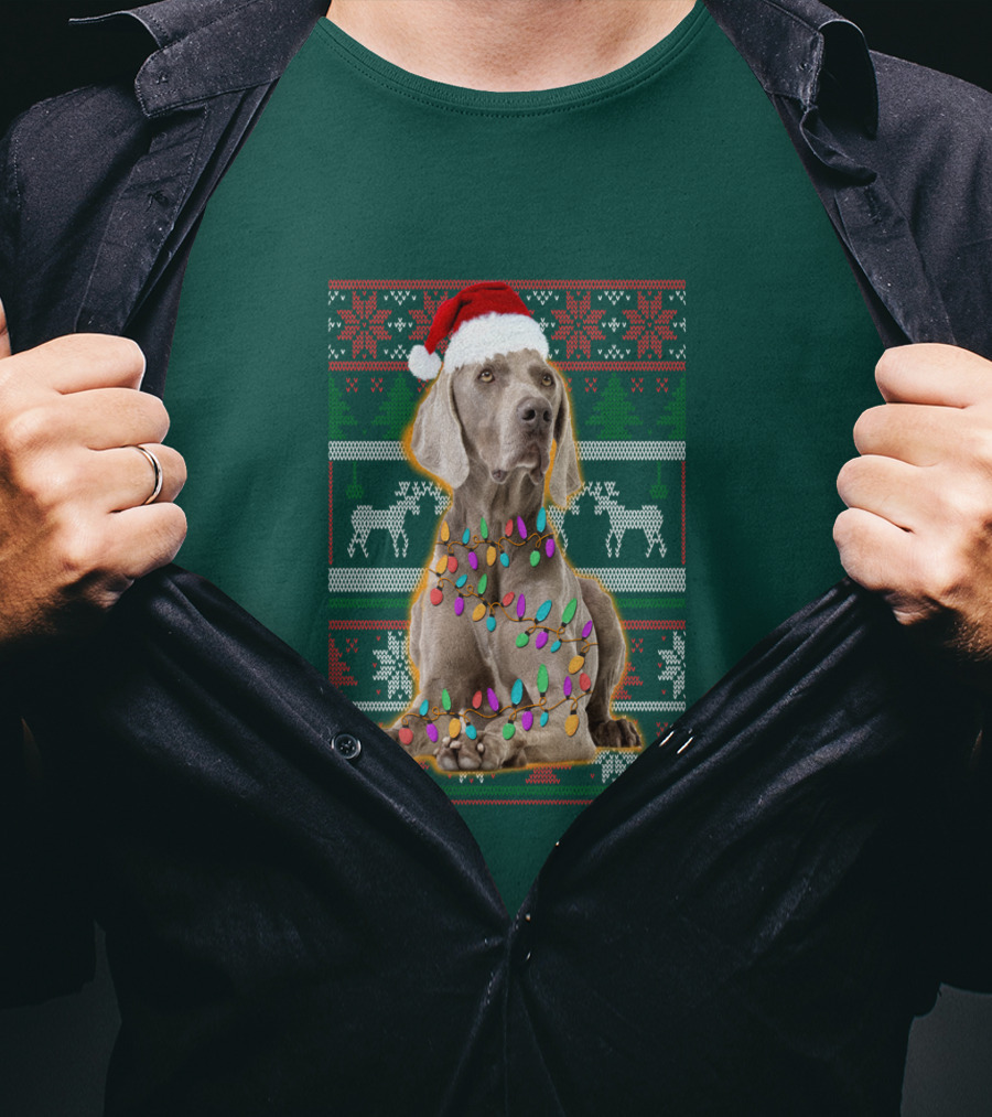 Weimaraner Christmas Lights Santa Hat Holiday T-Shirt