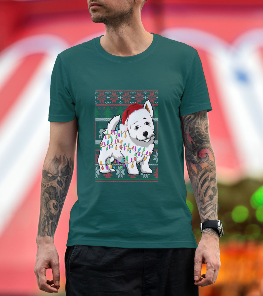 West Highland White Terrier Christmas Lights Ugly Sweater Santa Hat T-Shirt