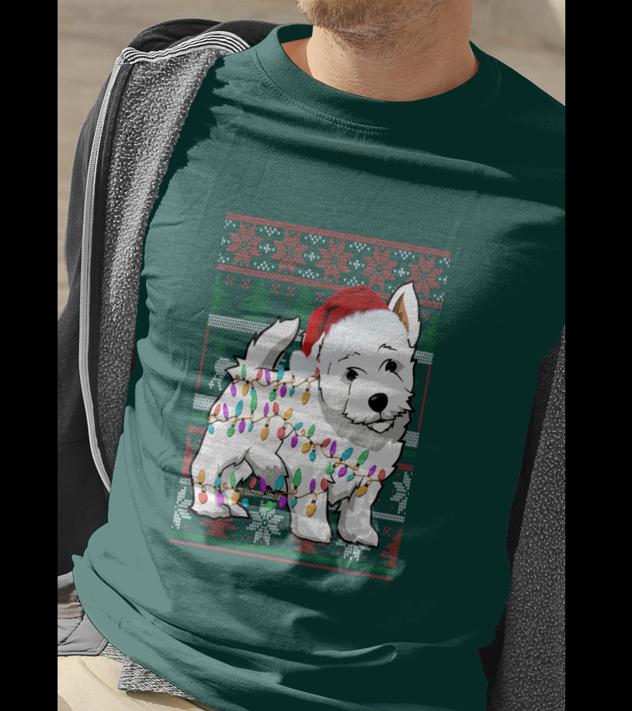 West Highland White Terrier Christmas Lights Ugly Sweater Santa Hat T-Shirt