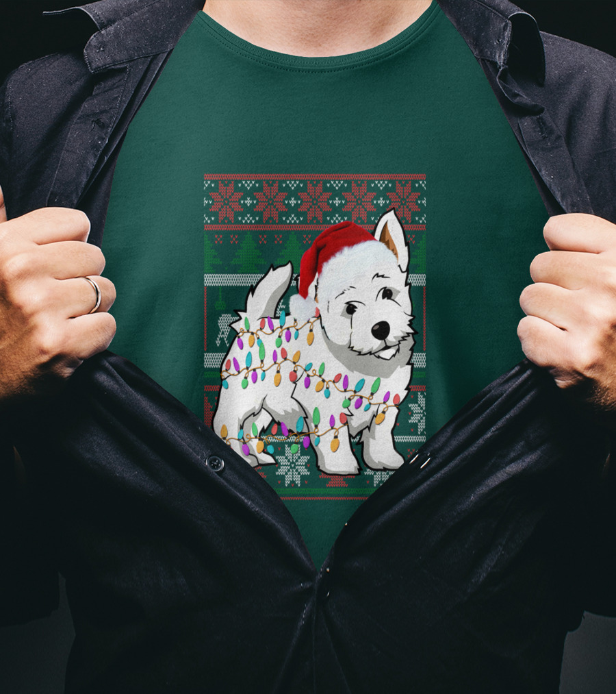 West Highland White Terrier Christmas Lights Ugly Sweater Santa Hat T-Shirt