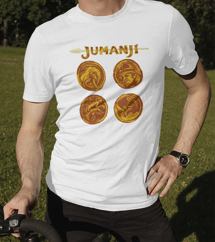 Jumanji Character Portrait Coins And Spear Sketch T-Shirt