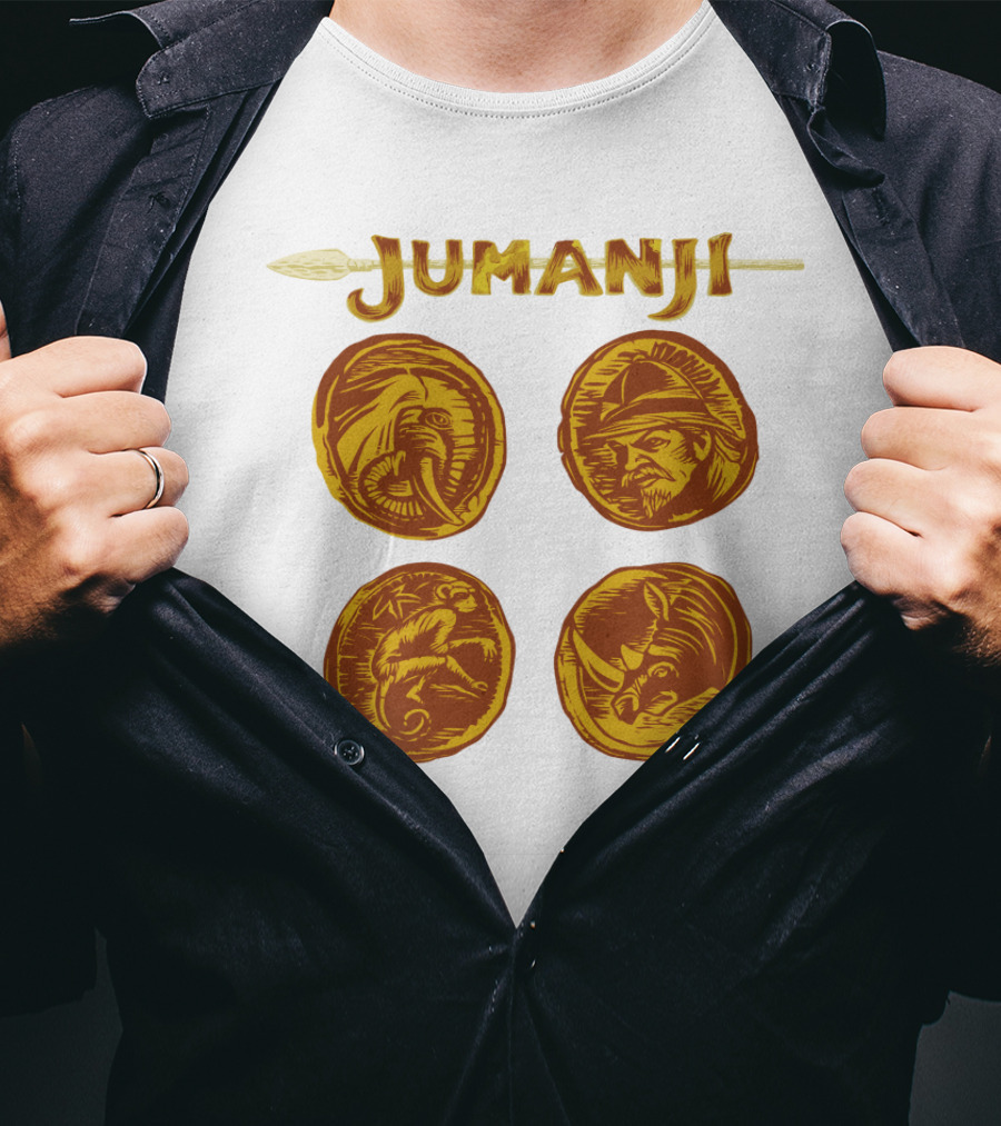 Jumanji Character Portrait Coins And Spear Sketch T-Shirt