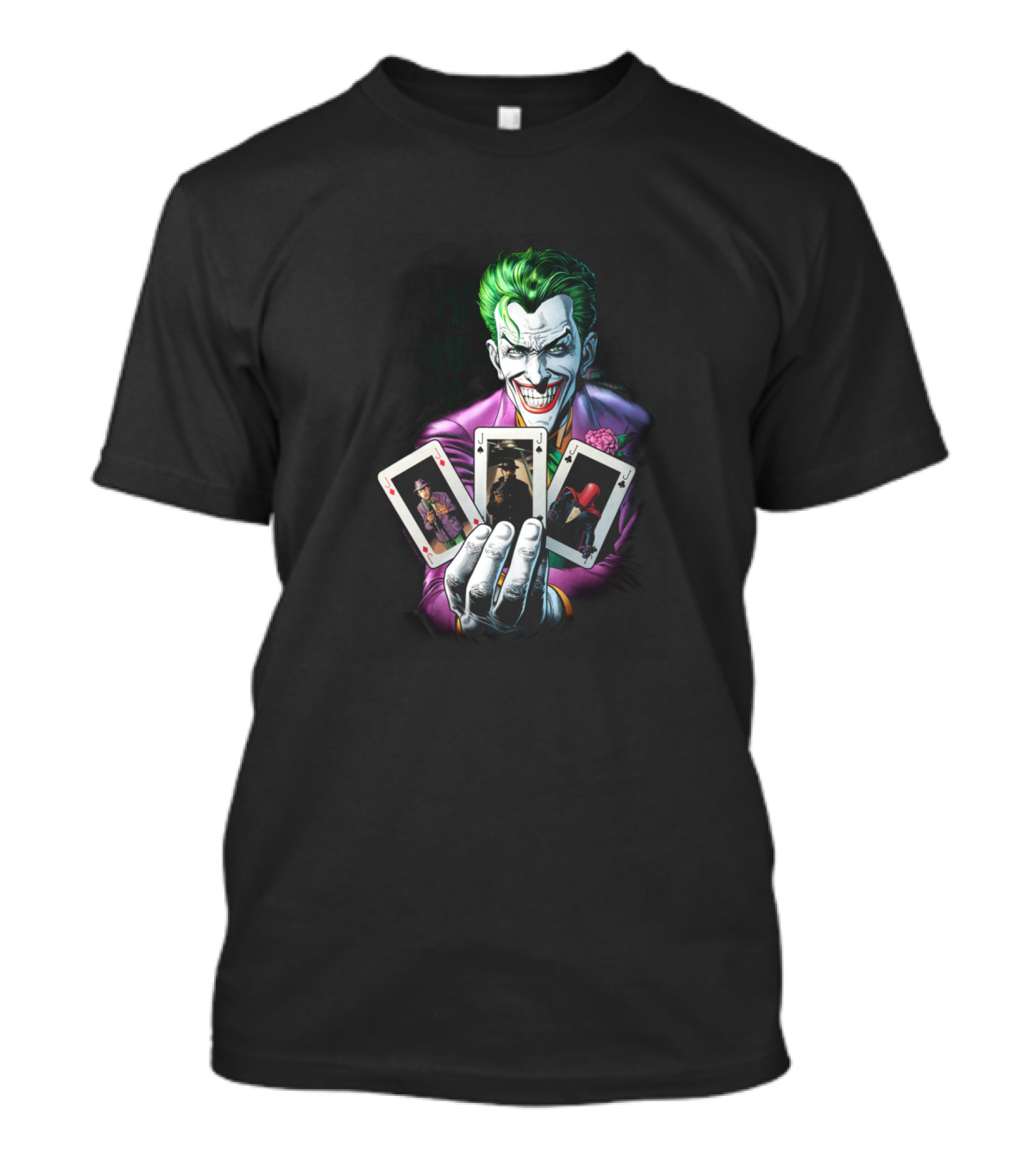 Joker Holding Batman And Red Hood Playing Cards 3 Of A Kind T-Shirt