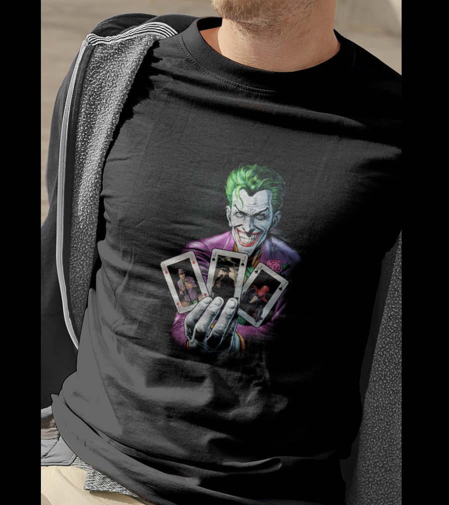 Joker Holding Batman And Red Hood Playing Cards 3 Of A Kind T-Shirt