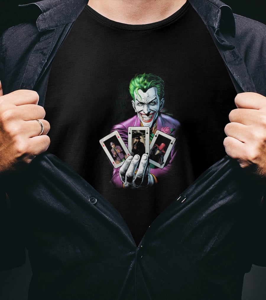 Joker Holding Batman And Red Hood Playing Cards 3 Of A Kind T-Shirt