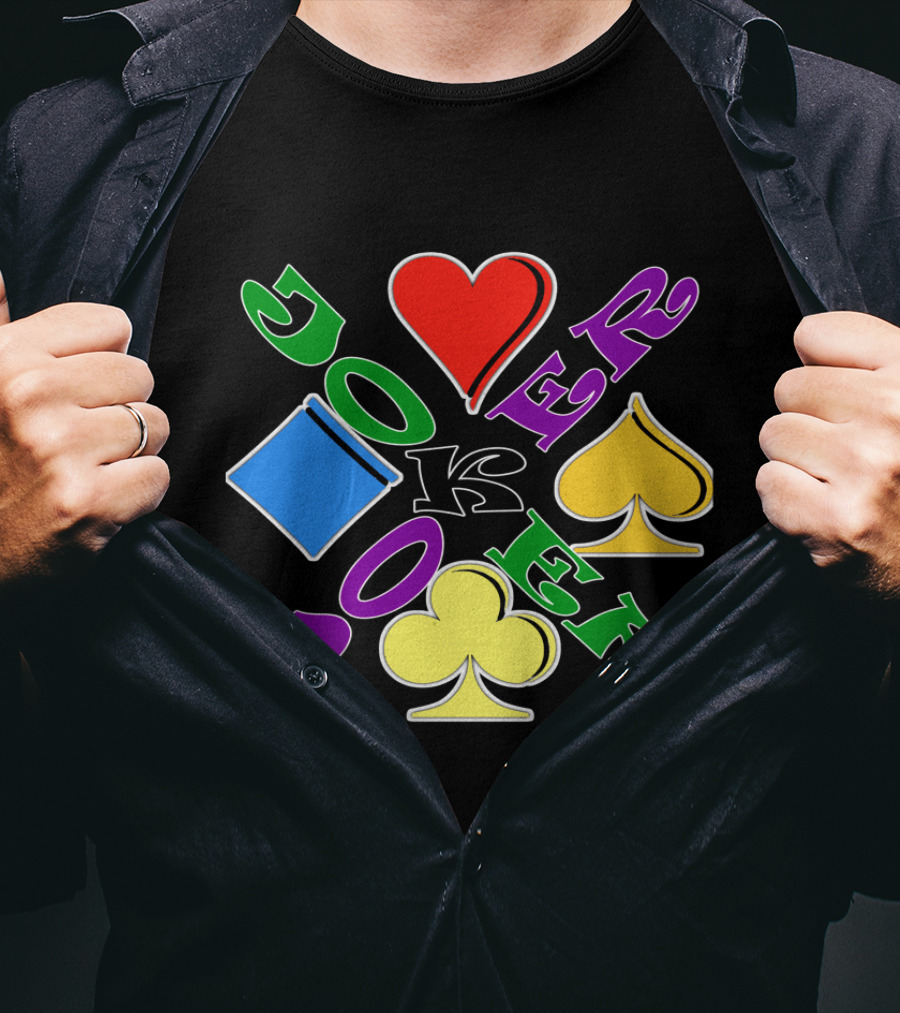 Rainbow Colored Joker Heart Spade Club Diamond Playing Cards T-Shirt