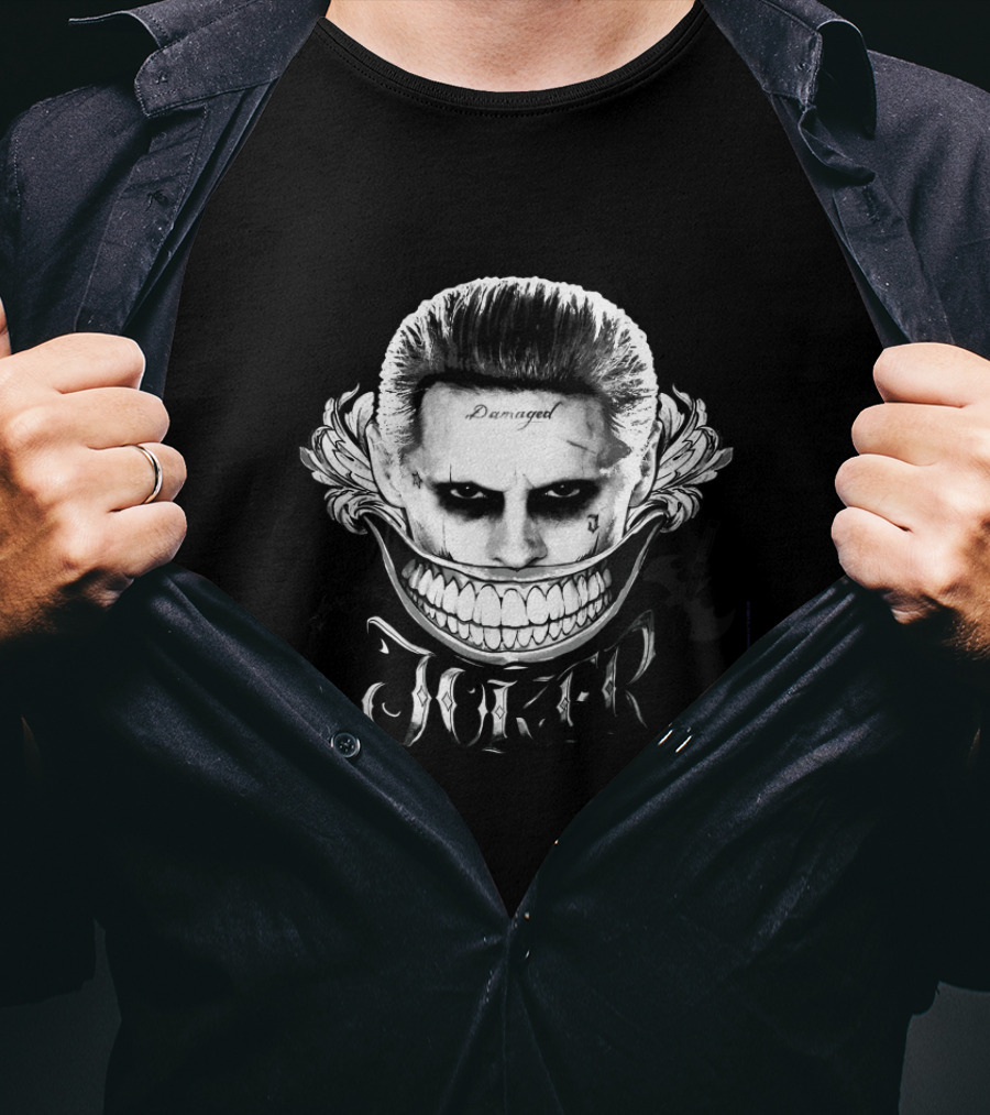 Damaged Joker Face With Wide Grin And Joker Text T-Shirt