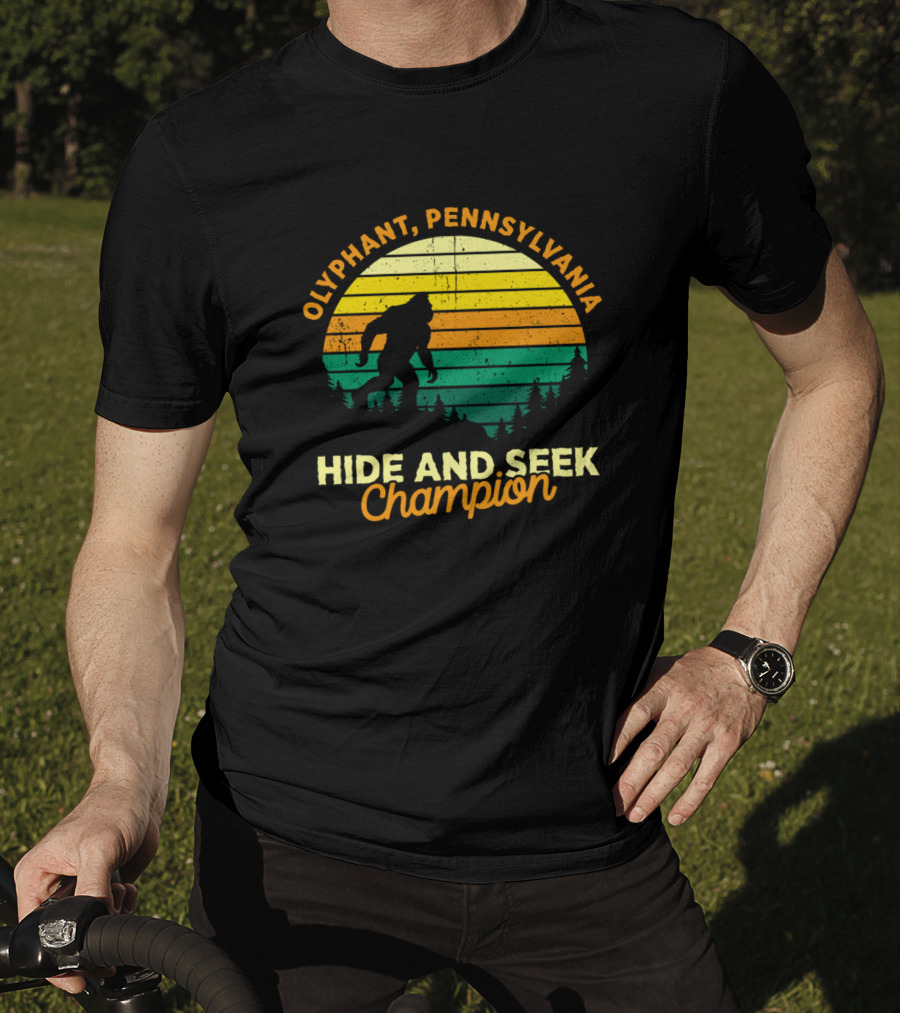Olyphant Pennsylvania Bigfoot Hide And Seek Champion Retro Sunset T-Shirt