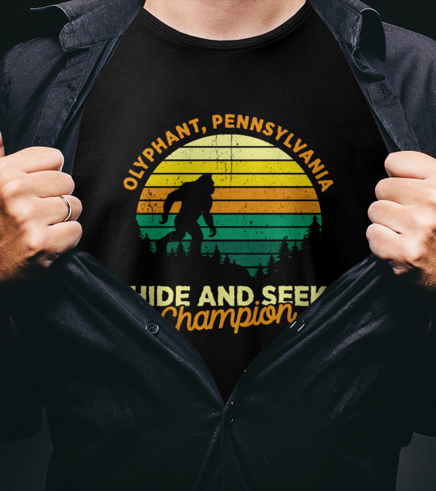 Olyphant Pennsylvania Bigfoot Hide And Seek Champion Retro Sunset T-Shirt