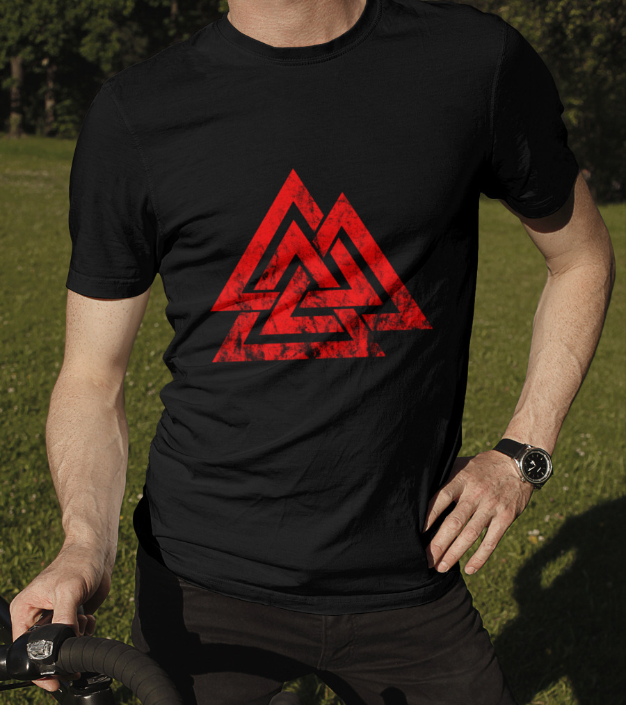 Valknut Symbol Nordic Viking Odin Sign Wicca Red Triangles T-Shirt