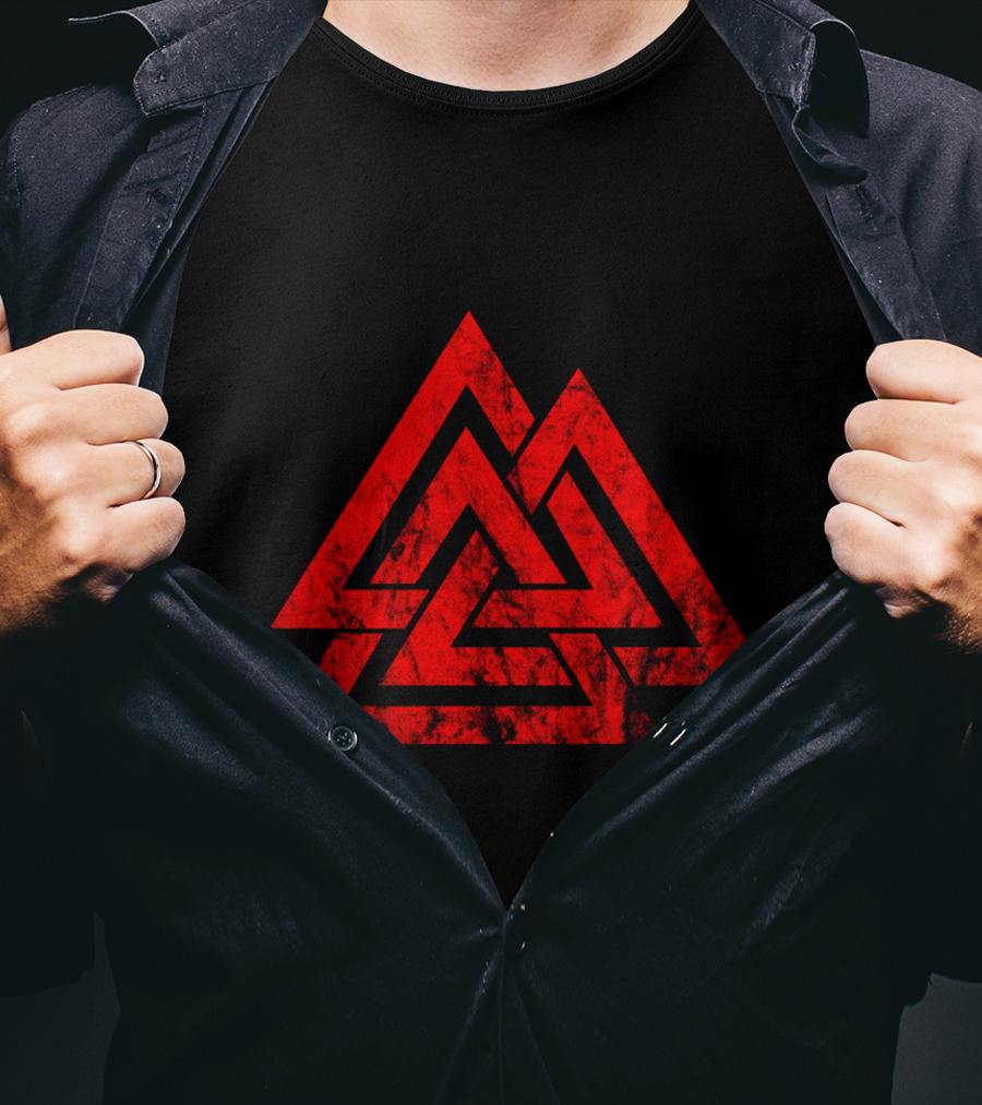 Valknut Symbol Nordic Viking Odin Sign Wicca Red Triangles T-Shirt