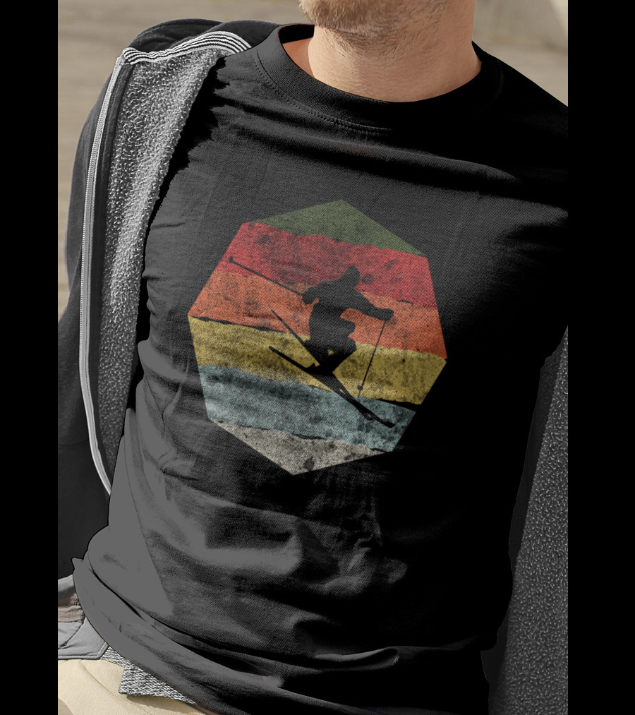 Vintage Winter Skier Birthday Hexagonal Retro Stripes T-Shirt