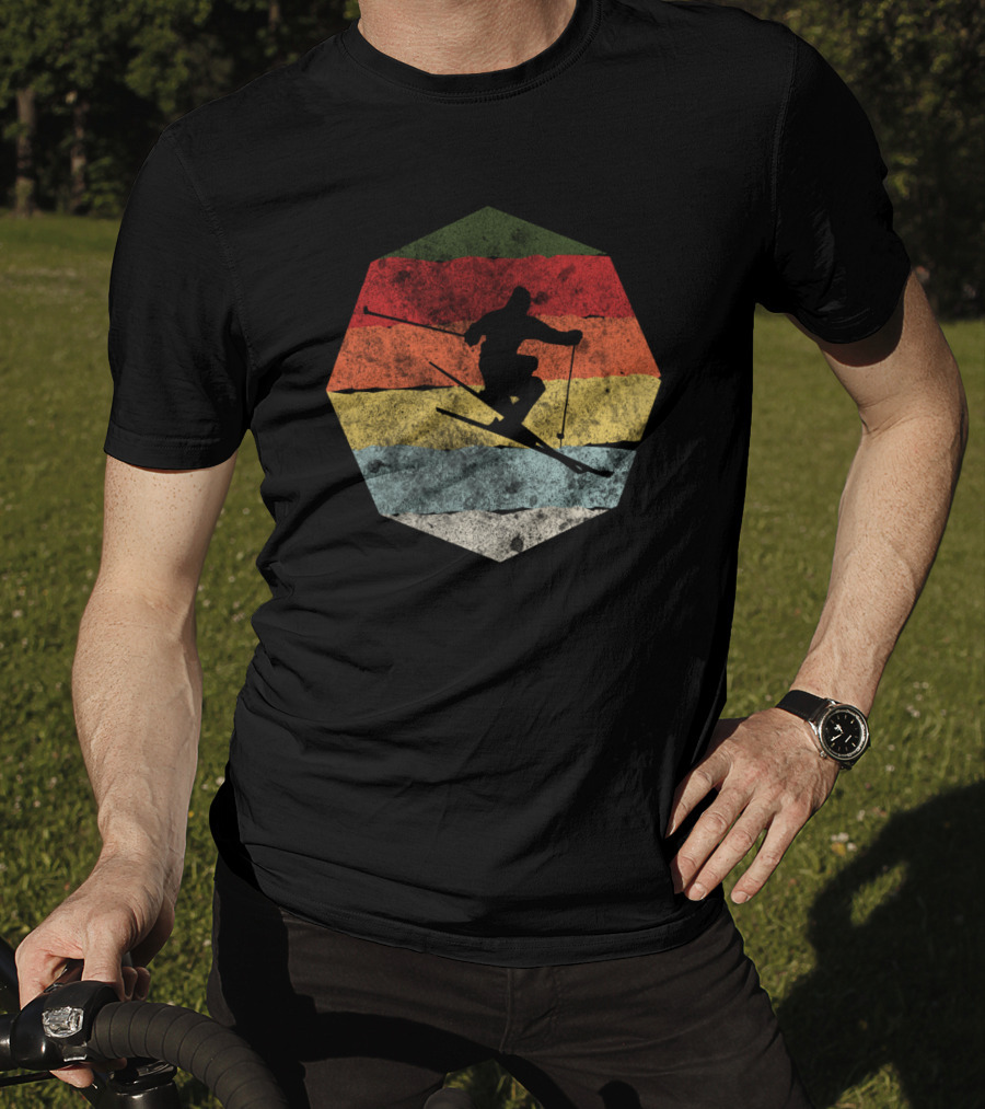 Vintage Winter Skier Birthday Hexagonal Retro Stripes T-Shirt