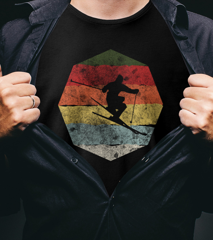 Vintage Winter Skier Birthday Hexagonal Retro Stripes T-Shirt