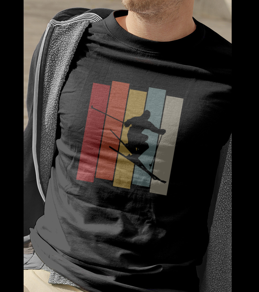 Vintage Skiing Silhouette On Colorful Retro Stripes T-Shirt