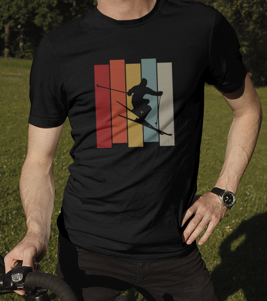 Vintage Skiing Silhouette On Colorful Retro Stripes T-Shirt