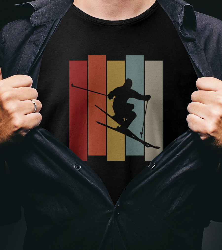 Vintage Skiing Silhouette On Colorful Retro Stripes T-Shirt