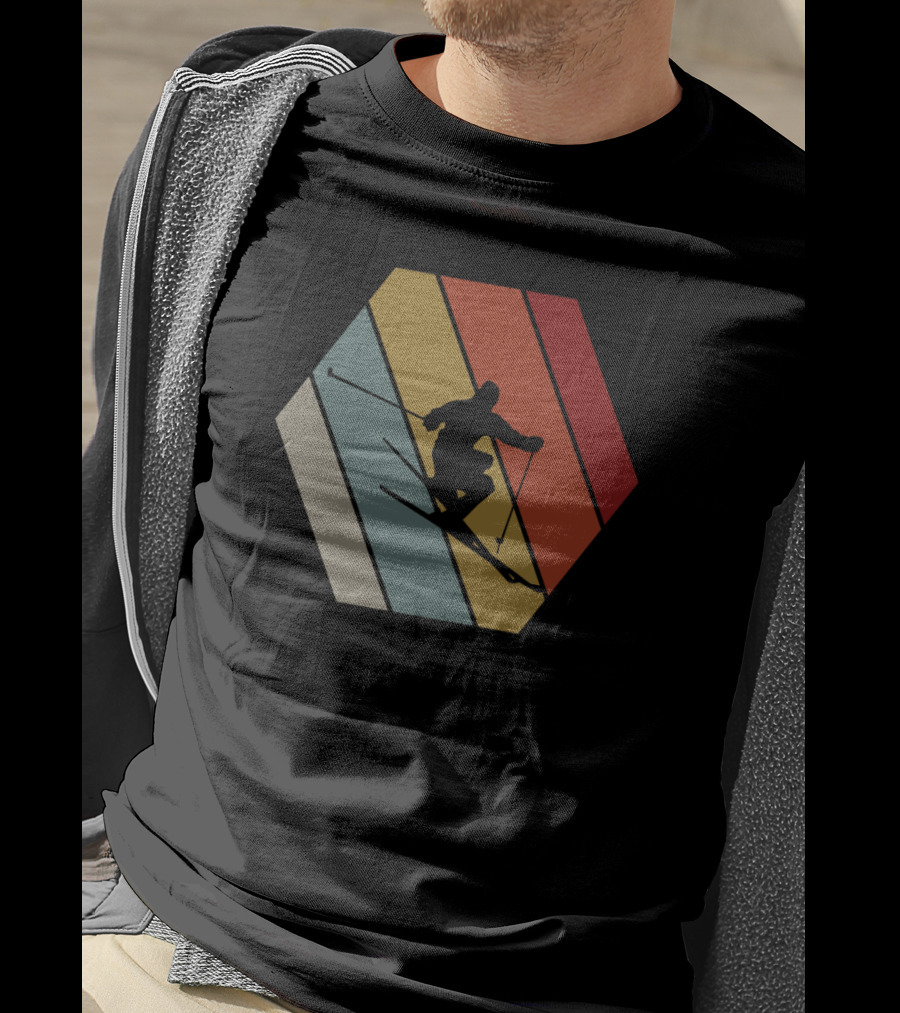 Funny Vintage Skier Hexagonal Stripes Winter T-Shirt