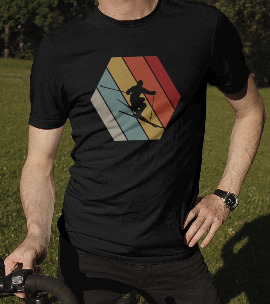 Funny Vintage Skier Hexagonal Stripes Winter T-Shirt