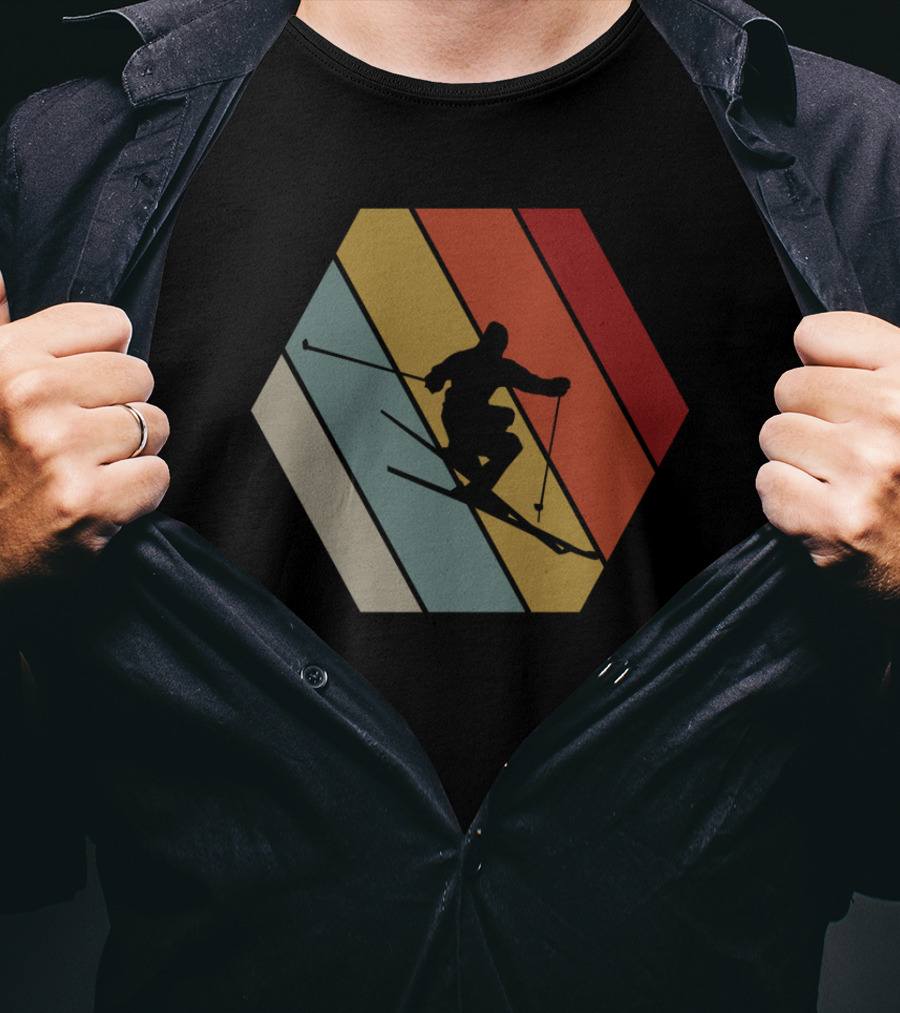 Funny Vintage Skier Hexagonal Stripes Winter T-Shirt