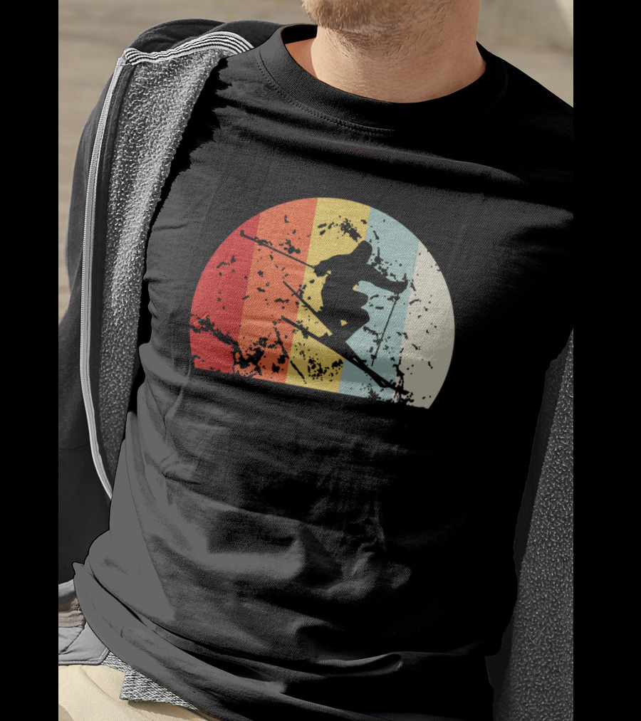 Retro Vintage Skiing Silhouette With Colorful Sunset Stripes T-Shirt