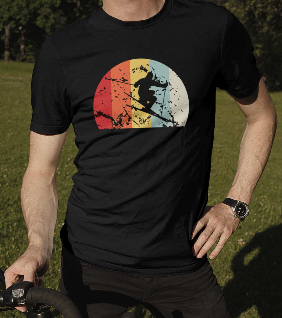 Retro Vintage Skiing Silhouette With Colorful Sunset Stripes T-Shirt
