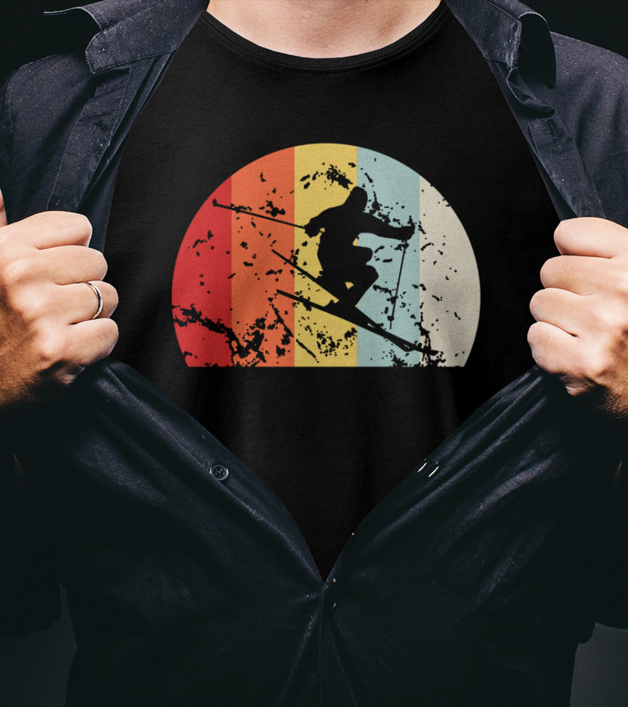 Retro Vintage Skiing Silhouette With Colorful Sunset Stripes T-Shirt