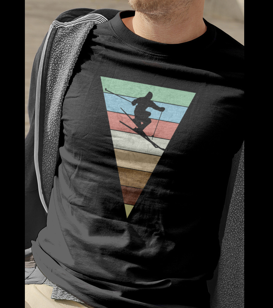 Skiing Vintage Print Silhouette With Retro Stripes For Skiers T-Shirt