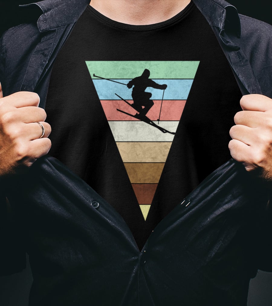 Skiing Vintage Print Silhouette With Retro Stripes For Skiers T-Shirt