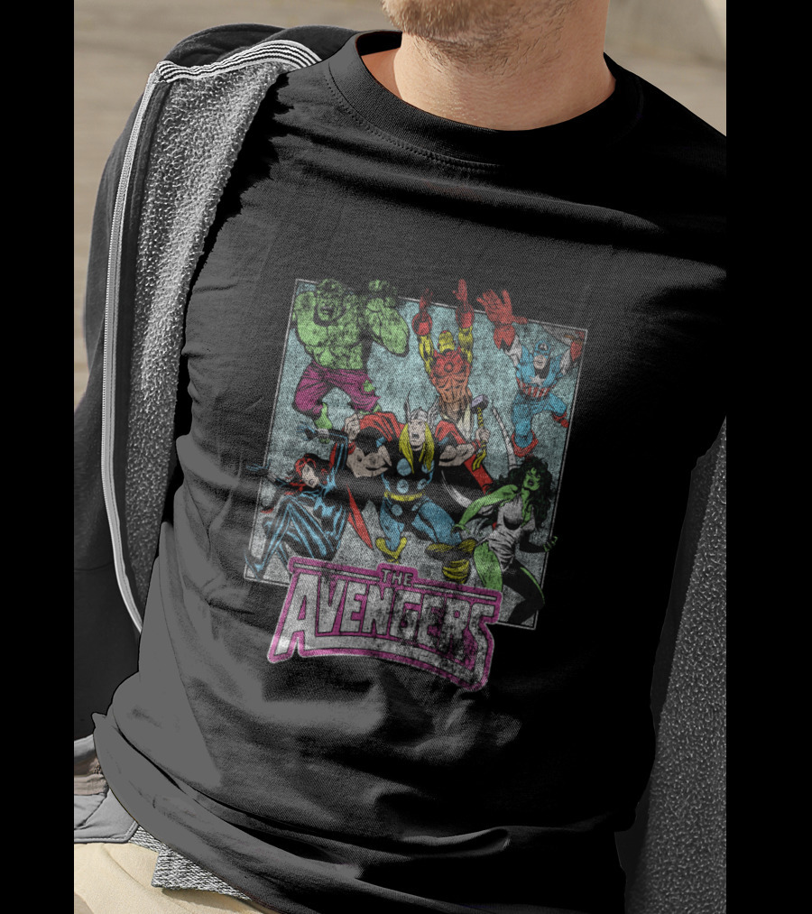Marvel Avengers The Hulk Thor Captain America Iron Man Black Widow She-Hulk Classic Group Action T-Shirt